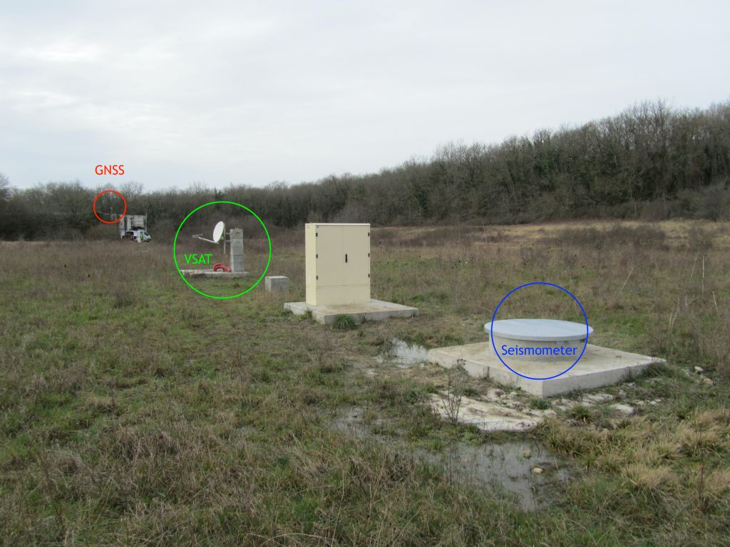 Positions of the collocated seismometer, the electric table and the VSAT antenna in relation to the GNSS.